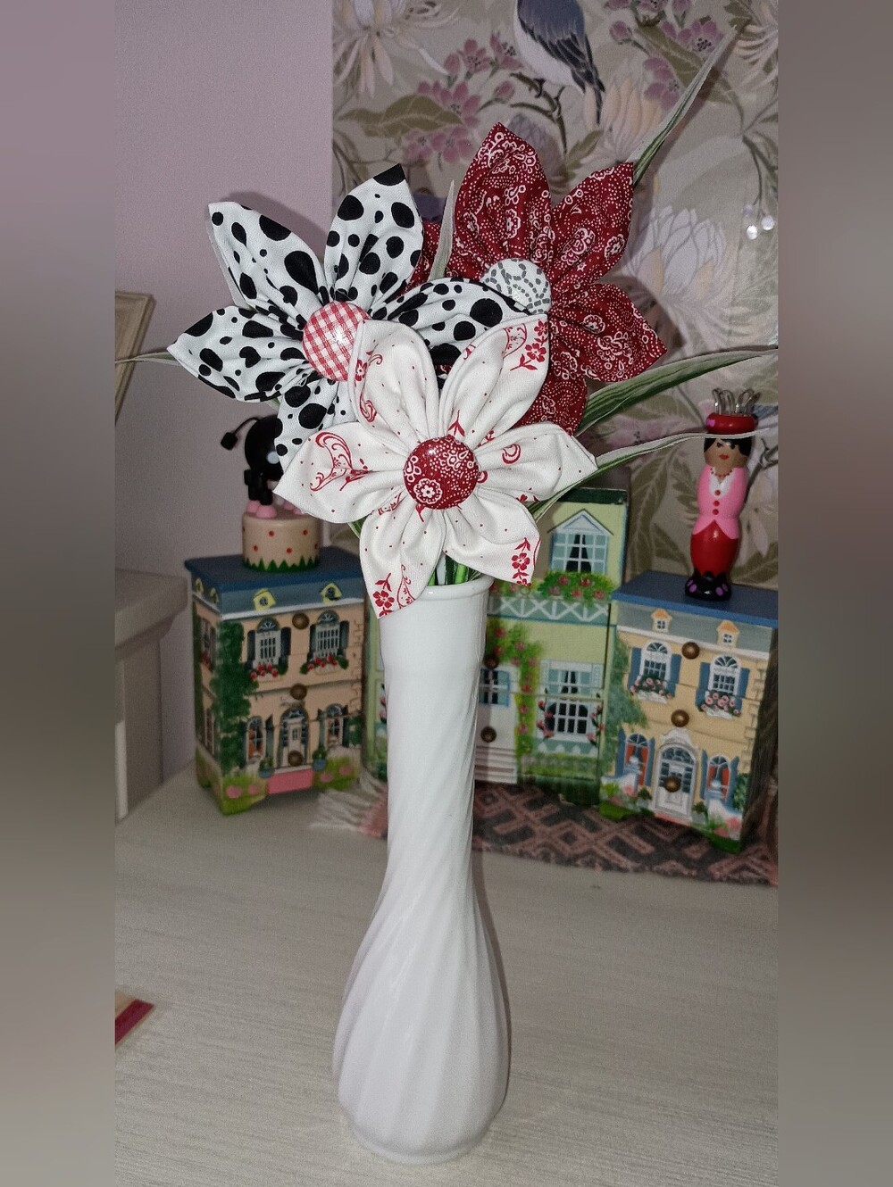 2/$20 Handcrafted Red, White & Black Fabric Flower Bouquet In White Vase